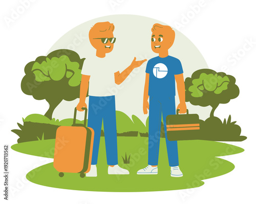 Two men with luggage and briefcases, ready for travel or business trip, flat vector illustration with trees