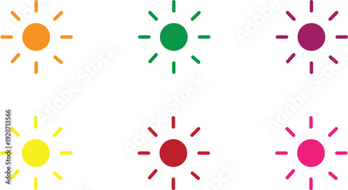 A vibrant illustration of six colorful suns with varying hues and rays on a clean white background