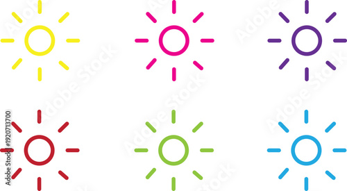 Colorful sun symbols in various bright hues on white background