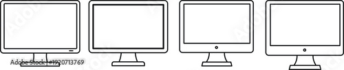 Four computer monitors with different on white background screens desktop technology