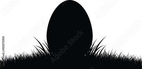 A black silhouette of an egg shaped object in a grassy field
