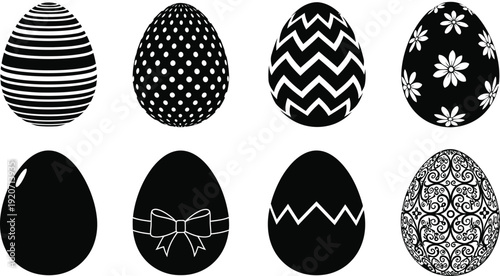 Collection of eight unique black and white easter eggs with various patterns