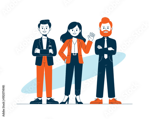 Diverse business team of three people, confident and smiling, standing together in modern flat style illustration