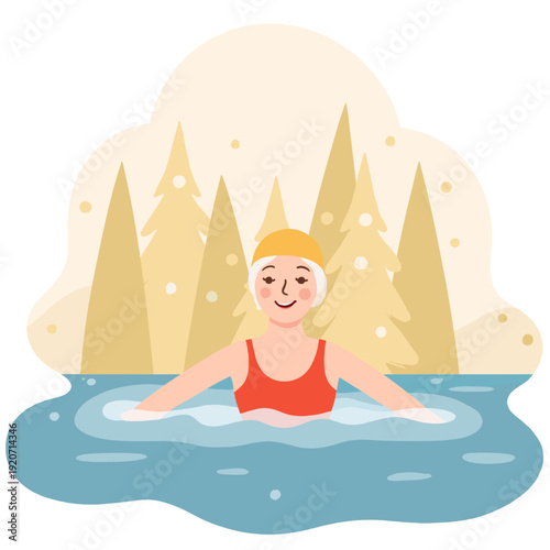 Young woman swimming in a lake surrounded by evergreen trees. Elderly set