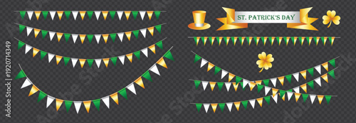 St. Patrick's Day illustration set, green, golden and white bunting flags collection, leprechaun hat, four leaf clover and shamrock isolated on transparent background