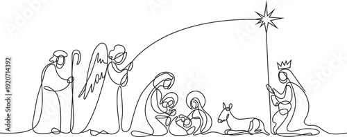 Continuous Line Drawing Nativity Scene with Three Wise Men and Holy Family Vector Illustration