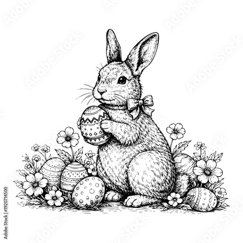 Easter Bunny with Decorated Eggs and Flowers Sketch Line Art Vector Isolated on Transparent Background