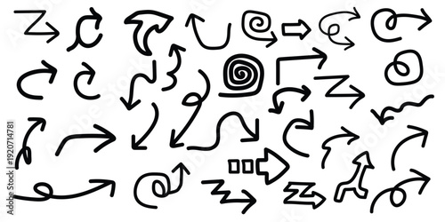 Collection of hand drawn arrows and directional symbols in black on white background