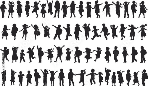 Collection of happy children silhouettes jumping running and playing isolated on white background, kids school boys girls set