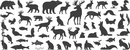 Collection of wild forest animal silhouettes isolated on white background, bear deer fox wolf rabbit bird fish set