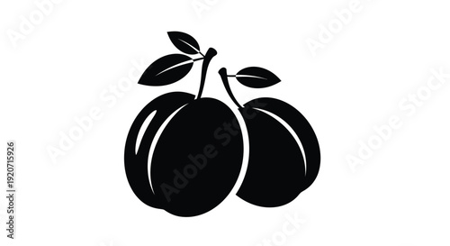 Two plums with leaves depicted in a stark black silhouette
