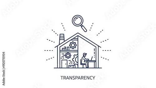 Transparency concept: house with magnifying glass, gears, person working on laptop