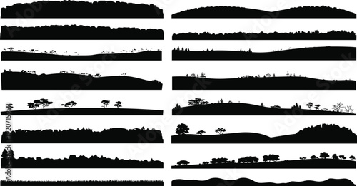 Panoramic forest landscape silhouettes bundle, tree line hills grass borders black vector illustration isolated nature horizon set