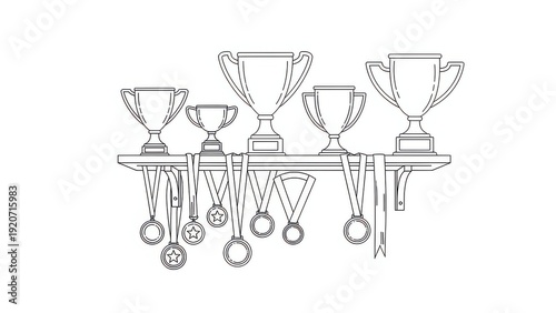 Collection of Trophies and Medals on a Shelf, Victory and Achievement Symbols