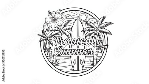 Tropical Summer Surfboard Hibiscus Palm Trees Beach Scene Emblem