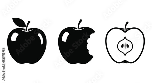 Three black apple illustrations showing whole bitten and halved fruit silhouette