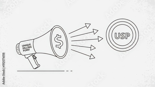 Megaphone broadcasting unique selling point (USP) with dollar sign, marketing concept