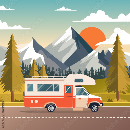 Recreational Vehicle Traveling Through Mountainous Landscape at Sunset.