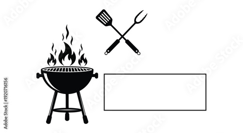 Barbecue grill with flames and utensils in a dark silhouette
