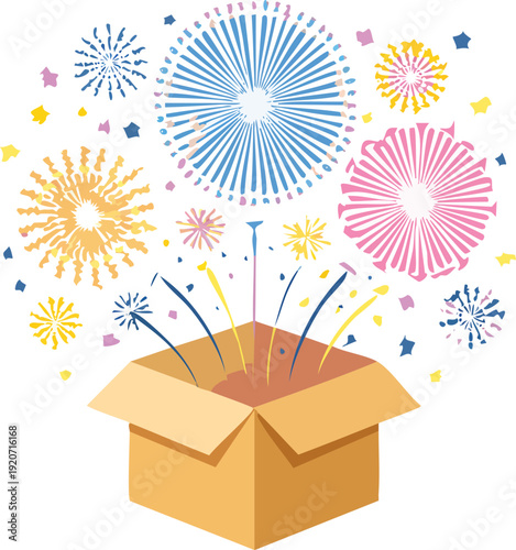 Surprise Box with Colorful Fireworks and Celebratory Elements.