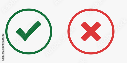 Right and wrong vector icon set, rounded color and black outline, flat rounded check mark, cross, X mark, circle shape thin line tick mark symbol, approval, rejection, validation, verification, 