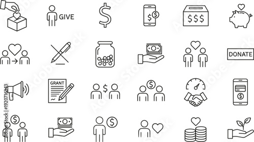 Charity donation line icon set flat vector illustration, fundraising support symbols, nonprofit giving finance money icons isolated on white