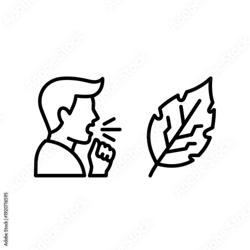 Allergy Symptoms Line Icon – Man Sneezing and Leaf Vector Outline
