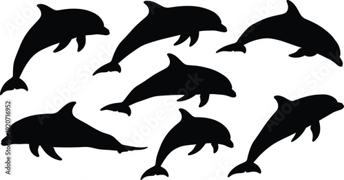 Dolphin silhouette vector illustration set, black white clipart of marine animal swimming motion design, ocean wildlife artwork bundle for aquatic themes