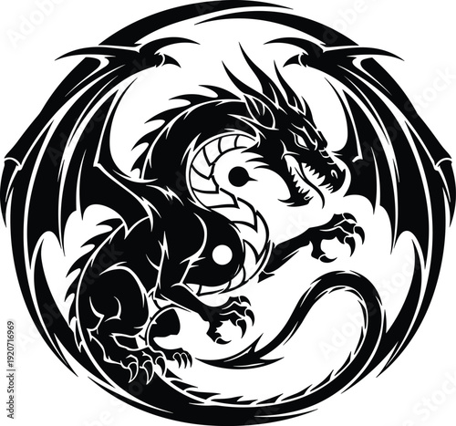 Dragon silhouette vector illustration, black white clipart of circular yin yang mythical creature design, fantasy artwork bundle for cultural themes