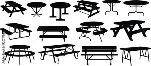 Outdoor picnic tables and round patio furniture silhouettes, park bench vector illustration set isolated on white background