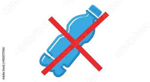 Blue plastic water bottle with red cross symbolizing ban or prohibition on a white background eco friendly concept