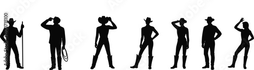 Cowboy and cowgirl silhouette set, western ranch characters with hat and lasso, black vector illustration isolated on white