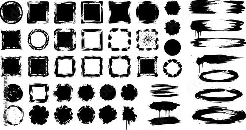 Black vector rough edge rectangles. Grunge square frames set. Jagged edge torn paper background collection. Paint brush strokes. Grungy distressed text boxes. Transparent background EPS version.