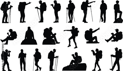 Hiker silhouette collection, backpackers trekking and photographing nature, black vector illustration set isolated on white background