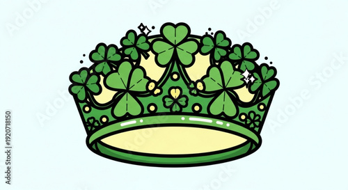 Green crown with shamrocks and jewels festive st patrick's day symbol cartoon illustration light background decorative tiara