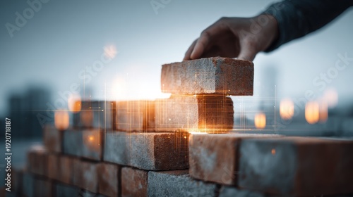 Brick wall construction with hand closeup