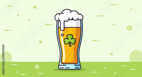 Glass of beer with shamrock on saint patrick's day celebration with green background and festive atmosphere