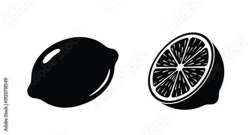 Two lemons one whole and one halved in a bold silhouette
