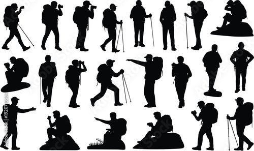 Hiker and photographer silhouette collection, backpackers with trekking poles and camera, outdoor adventure vector set isolated on white background