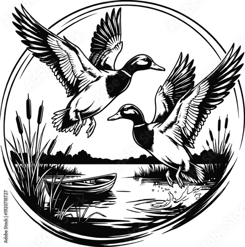 Flying mallard ducks over a peaceful lake with a wooden rowboat vector illustration.