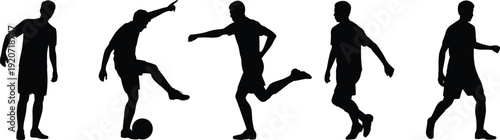 Soccer player silhouette collection showing dribbling kicking running and action poses isolated black vector illustration set