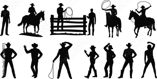 Cowboy silhouette collection, western rancher with horse and lasso, black vector illustration set isolated on white background