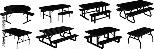 Picnic table and outdoor dining furniture silhouette set with benches folding metal wooden park vector illustration isolated collection
