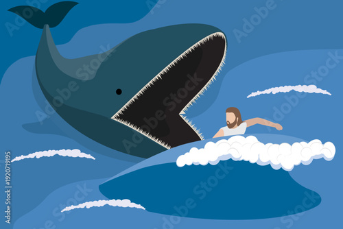 3D Isometric Flat Vector Illustration of Jonah And Whale, The Bible Story