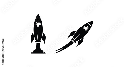 Two rockets launching upwards depicted in a stark black silhouette
