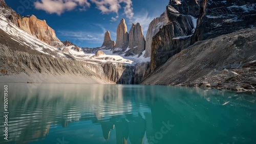 Views of mountains and a lake in Torres del Paine National Park in Chile during a sunny day with clear skies and bright reflections on the water surface