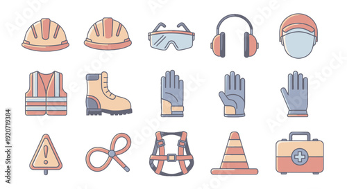 Set of safety equipment and protective gear icons for workplace and construction.
