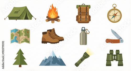 Camping and Outdoor Adventure Icons Set, Travel Gear Flat Vector Collection