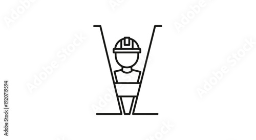 Simple line drawing of a person wearing a hard hat and standing in a construction site symbol.