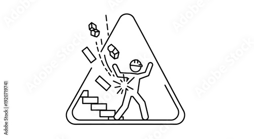 Simple line drawing of a person falling down stairs with debris.